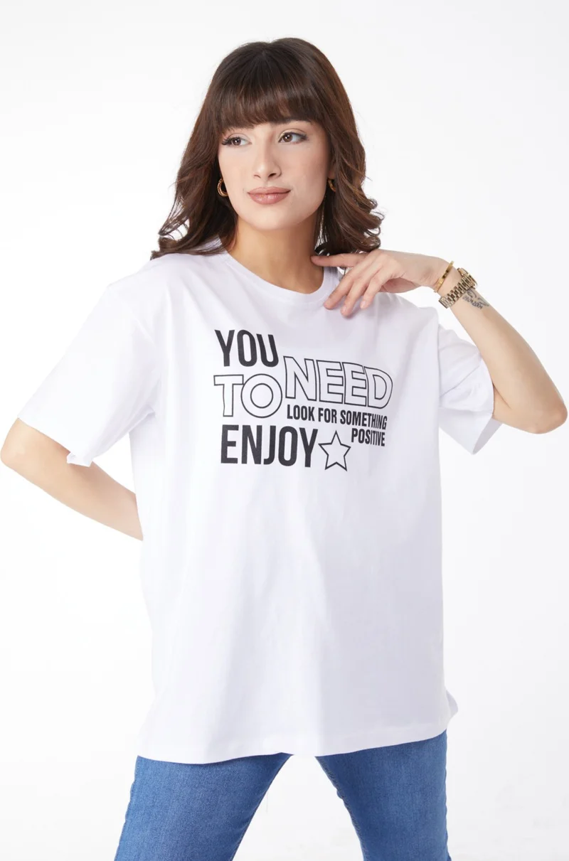Tofisa Plain Crew Neck Women's White Printed T-Shirt - 25175