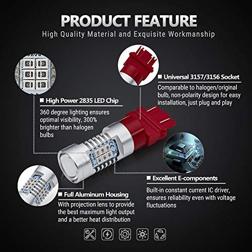ANTLINE Extremely Bright 3157 3156 3156A 3057 4057 4157 3057LL 3457 3157K 21-SMD 1260 Lumens LED Bulb Replacement Brilliant Red for Car Brake Tail Turn Signal Blinker Lights Bulbs (Pack of 4) - Image 3