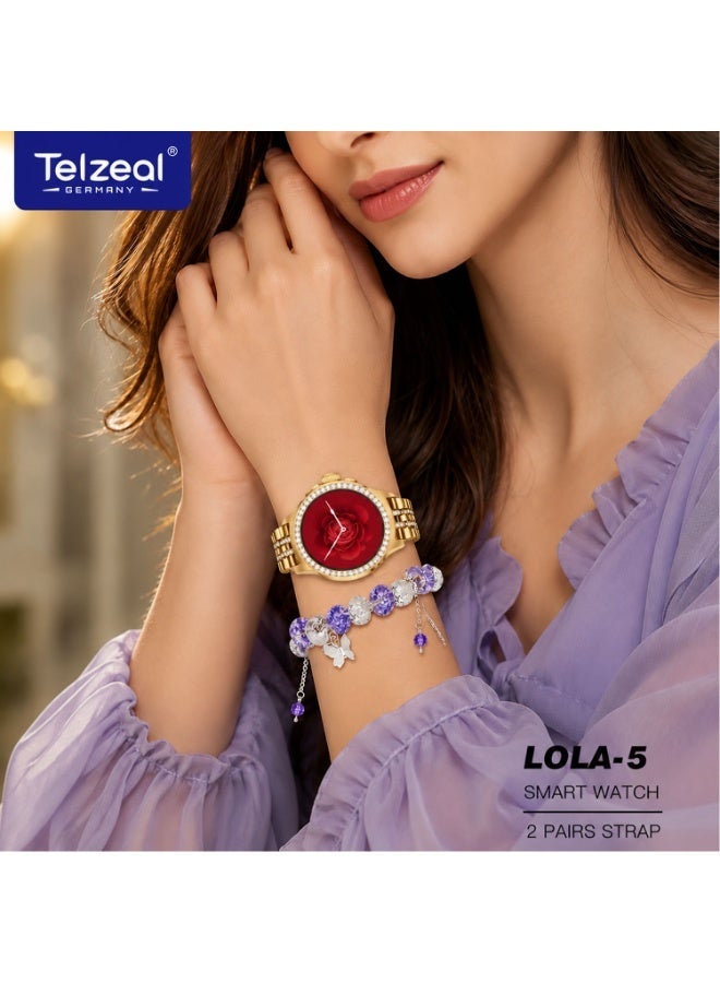 Telzeal Germany LOLA 5 Smart Watch With Bracelet 2 Pairs Straps and Wireless Charging Designed For Ladies and Girls Gold - Image 2