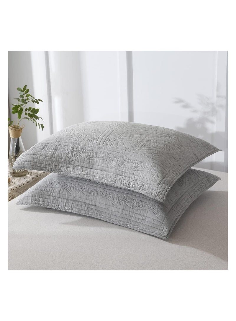 WINLIFE 100% Cotton Quilted Pillow Sham Floral Printed Pillow Cover (Grey) - Image 2