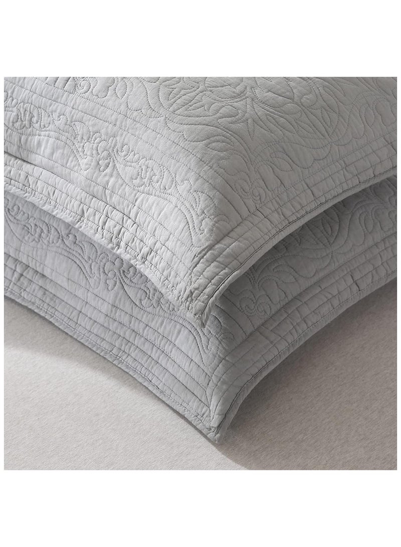 WINLIFE 100% Cotton Quilted Pillow Sham Floral Printed Pillow Cover (Grey) - Image 3