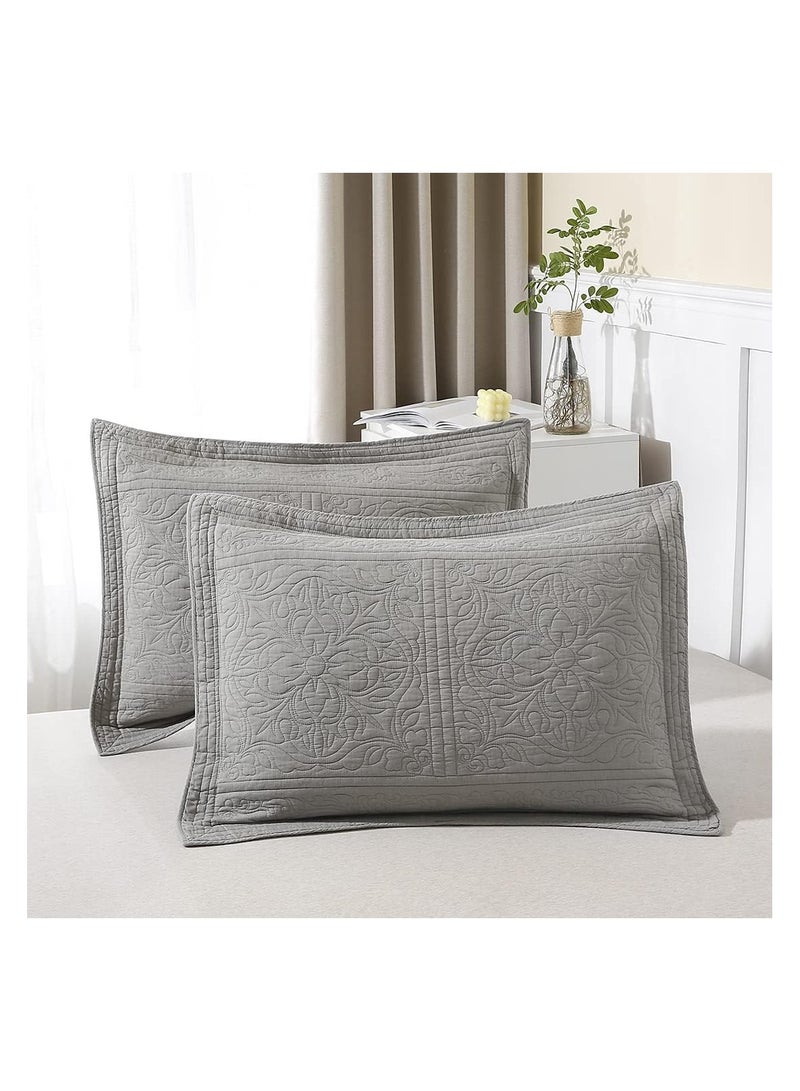 WINLIFE 100% Cotton Quilted Pillow Sham Floral Printed Pillow Cover (Grey) - Image 1