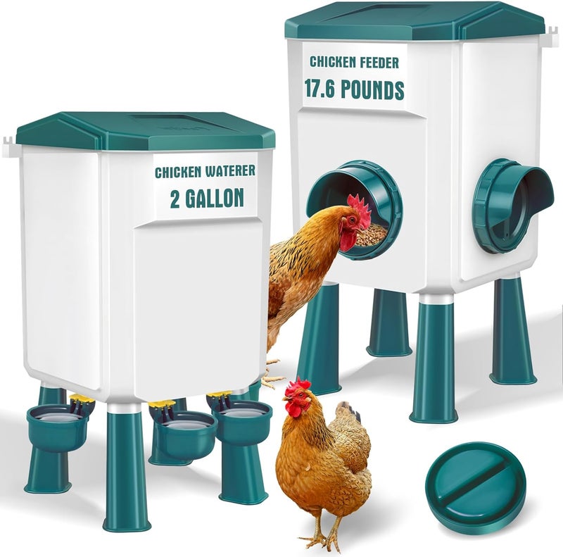 Meyoppm Chicken Feeder and Waterer Set with 2 Gallon/17.6 Pounds, Automatic Chick Feeder and Waterer Set No Waste， Poultry Feeder Large for Hens/Ducks/Poultry(Blue - Image 1