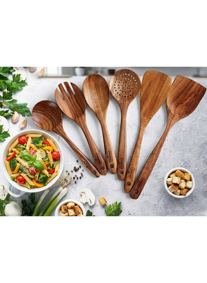 RIVORA 6-Piece Wooden Cooking Spoons Set for Kitchen – Teak Utensils, Heat-Resistant & Non-Stick Safe, Comfortable Grip, Easy Clean - Image 2