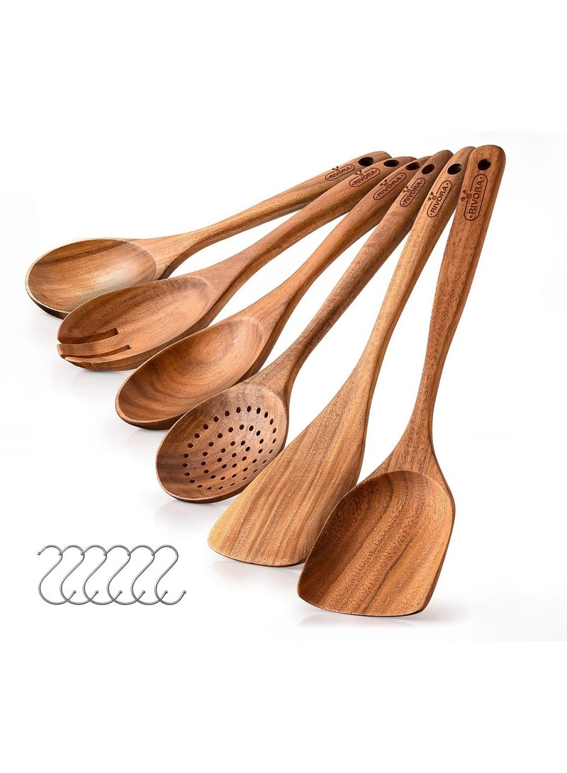 RIVORA 6-Piece Wooden Cooking Spoons Set for Kitchen – Teak Utensils, Heat-Resistant & Non-Stick Safe, Comfortable Grip, Easy Clean - Image 1