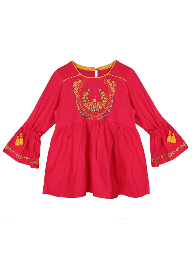 ISHIN Aline Fit Self Design Pattern Round Neck Neck Long Sleeves Pink Colour Woven Cotton Tops for Women with Semi Elastic Closure - An Ideal Pick for Any Occasion