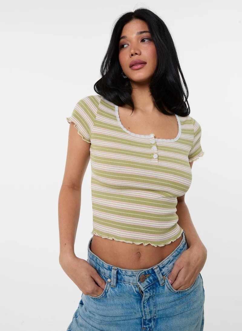 Pink Vanilla Cap Sleeve Stripe Lace Trim Top