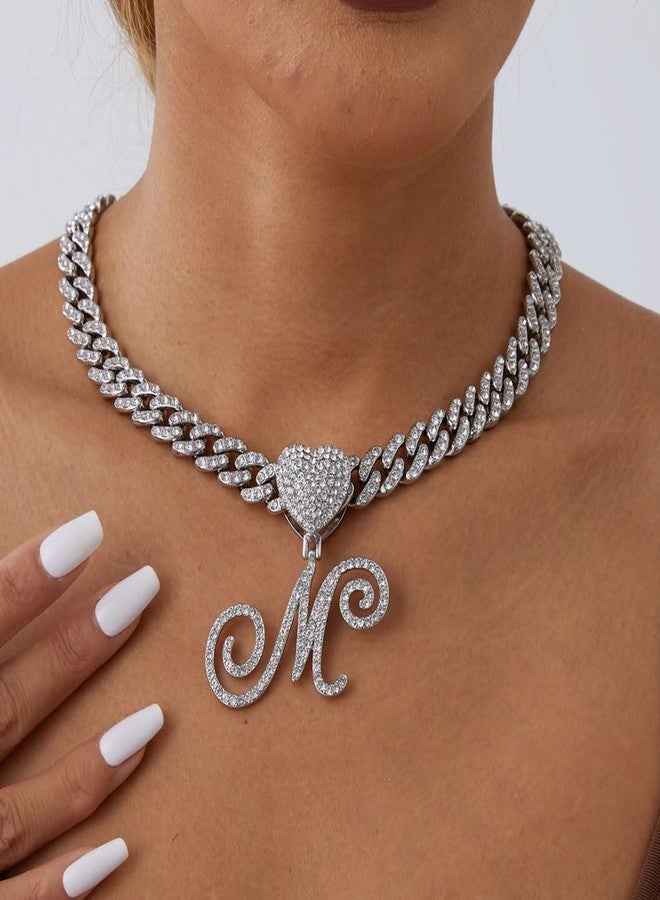 BLBLJERY Initial Necklaces Silver Cuban Link Chain for Women Iced Out Chain with Heart Letter Pendants Custom Chain Name Necklace Hip Hop Jewelry Gift, Cubic Zirconia, Cubic Zirconia - Image 4