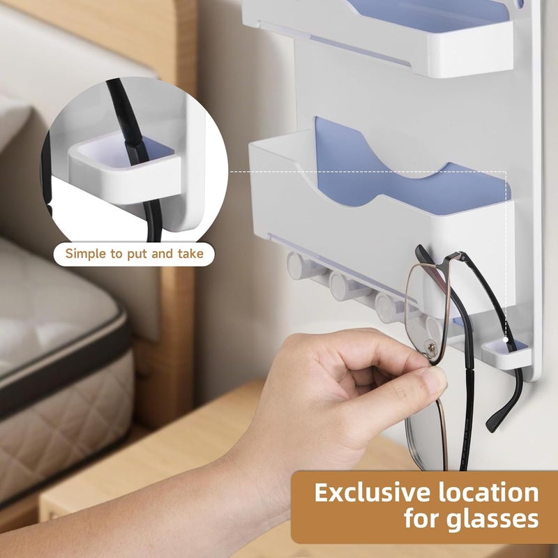 JUMEIHUI Bedside Wall Shelf with Glasses Hooks ，Adhesive Bedside Organizer Wall Mount for Dorm and Room Accessories Phone，Remote，Earphone， Kindle (White) - Image 4
