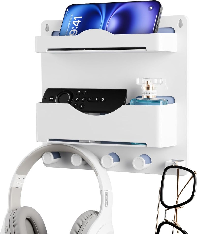 JUMEIHUI Bedside Wall Shelf with Glasses Hooks ，Adhesive Bedside Organizer Wall Mount for Dorm and Room Accessories Phone，Remote，Earphone， Kindle (White) - Image 1
