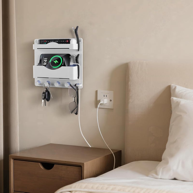 JUMEIHUI Bedside Wall Shelf with Glasses Hooks ，Adhesive Bedside Organizer Wall Mount for Dorm and Room Accessories Phone，Remote，Earphone， Kindle (White) - Image 2