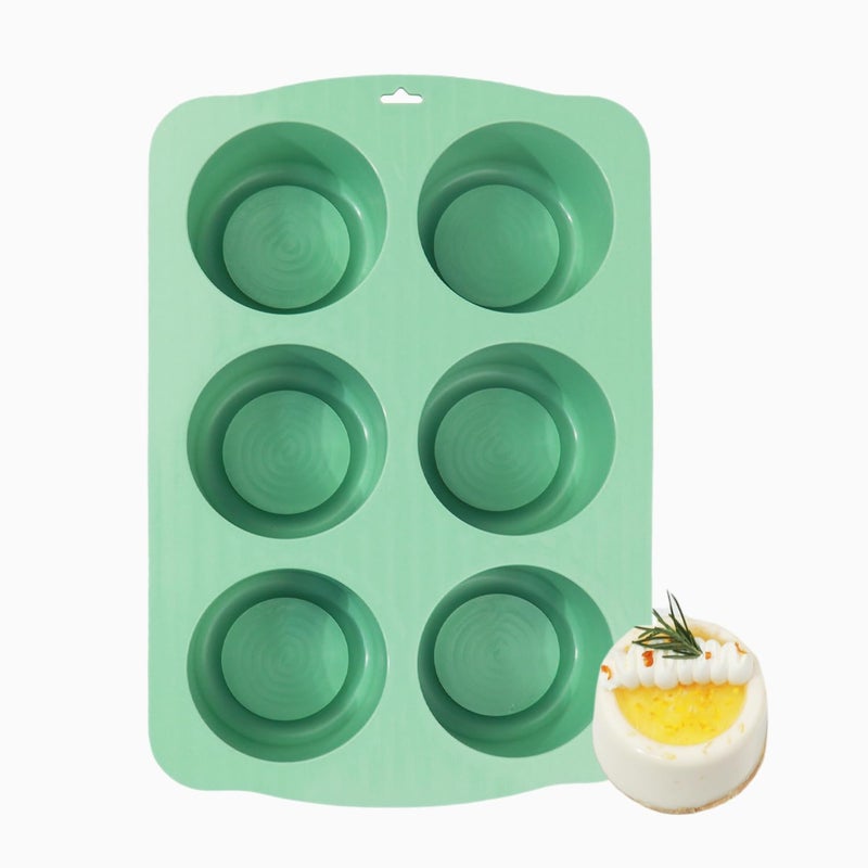 QELEG Silicone Mini Cake Mold, 3D Silicone Mousse Cake Baking Mold 3" Tall Cylinder Chocolate Baking Molds for Cakes, Brownie, Pudding, French Dessert, Pastry, Ice Cream, Mint Green, 6-Cavity - Image 1