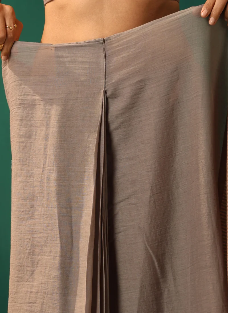 trueBrowns trueBrowns Grey Cotton Gold Striped Ready To Wear Saree