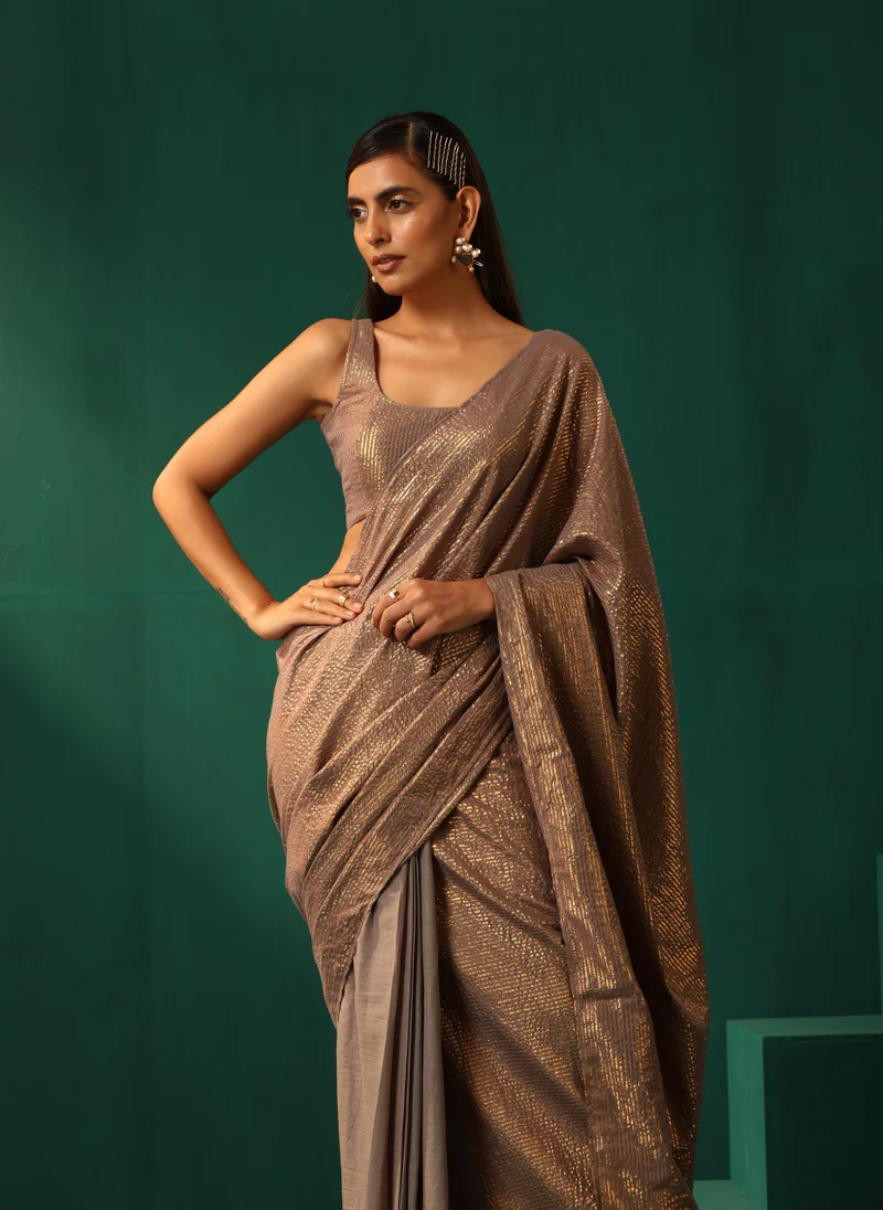 trueBrowns trueBrowns Grey Cotton Gold Striped Ready To Wear Saree