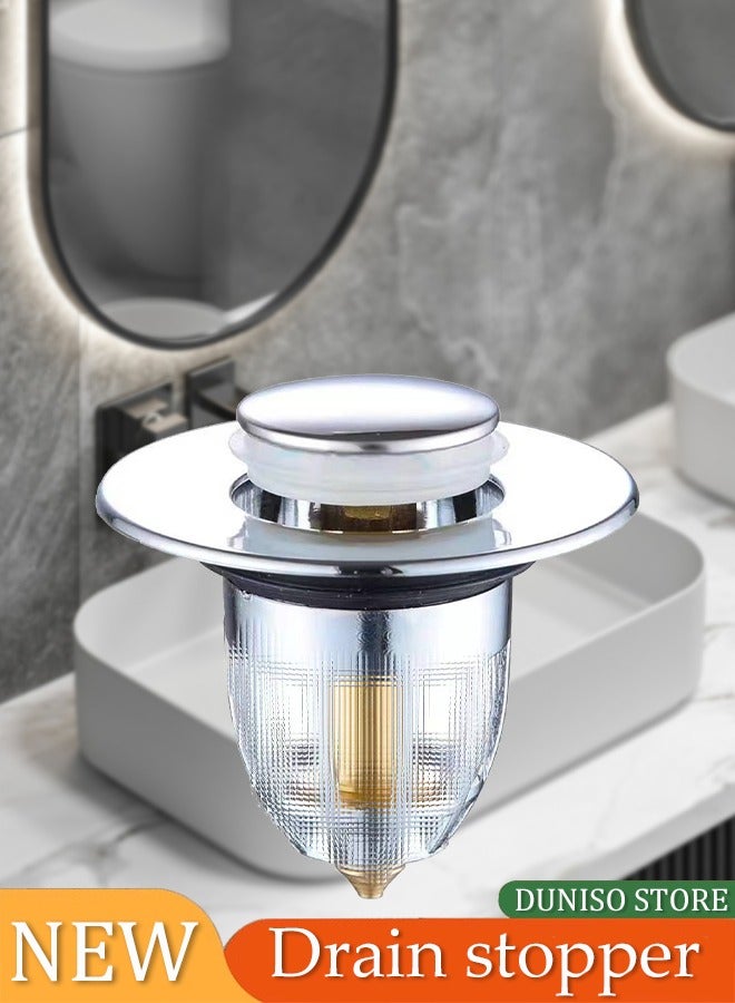 DUNISO سدادة حوض الحمام، سدادة حوض نحاسية قابلة للرفع، سدادة تصريف فلتر، مضادة للرائحة ومضادة للاحتباس، تستخدم في الحمام، المطبخ، حوض الغسيل (فضي) - Image 1