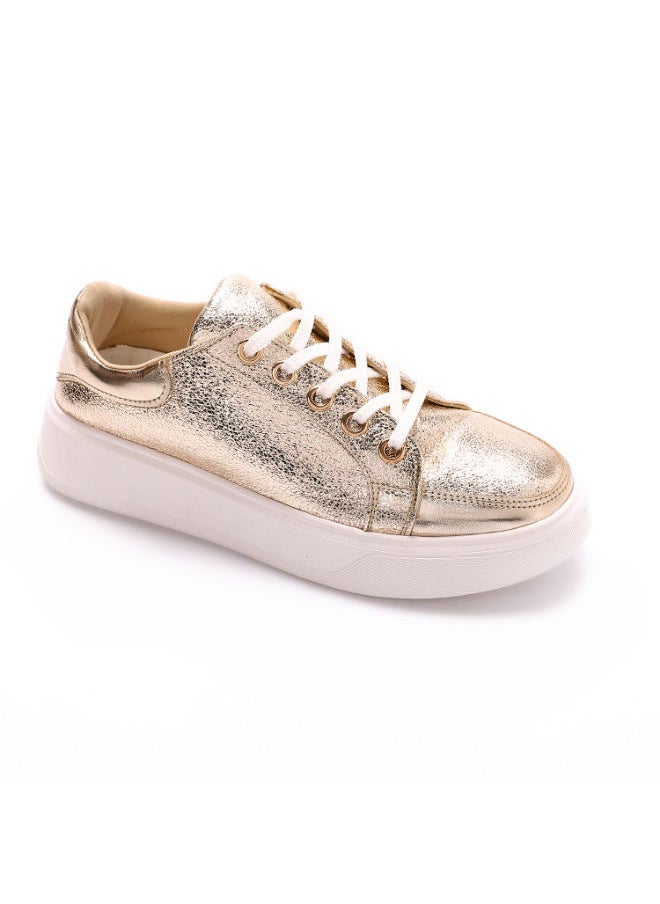 Mr.joe Leather Lace	Leather Lace Up Closure Sneakers For Women – Gold – 3951 Up Closure Sneakers Gold  - Image 1