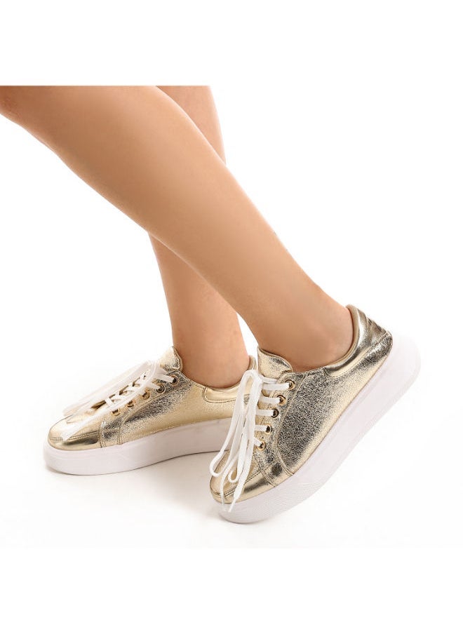 Mr.joe Leather Lace	Leather Lace Up Closure Sneakers For Women – Gold – 3951 Up Closure Sneakers Gold  - Image 2