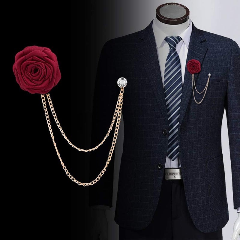 MXUHUI Fashion Bridegroom Wedding Brooches Cloth Art Hand-Made Rose Flower Brooch Lapel Pin Badge Tassel Chain Men's Suit Accessories - Image 4