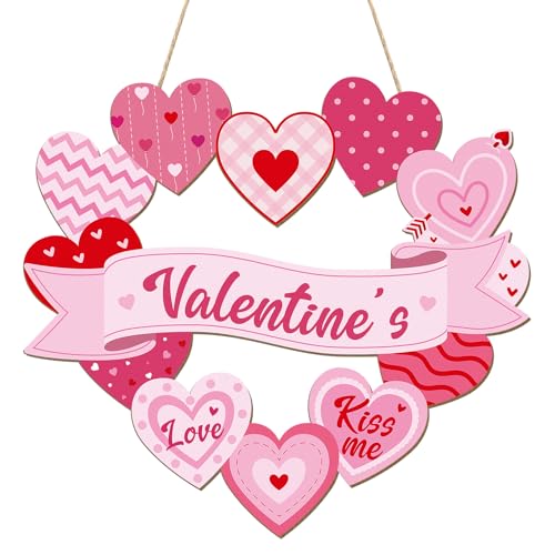 Sophena Wooden Valentines Day Door Wreath for Front Door Sign Heart Wall Signs Valentine Decoration, Sign Welcome Hanging Crafts for Home Farmhouse Wall Decor Party Outdoor indoor Supply Heart - Image 1