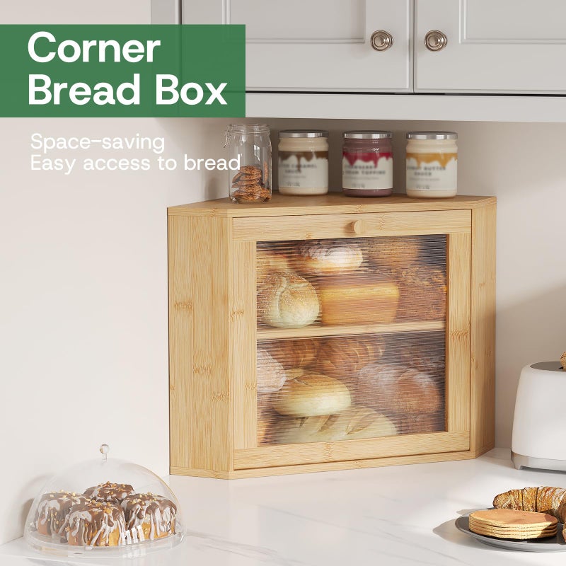 kiplant Bamboo Corner Bread Box for Kitchen Countertop - Wavy Acrylic Door, Adjustable 2-Layer Bread Storage Container, Large Bread Holder - Image 3