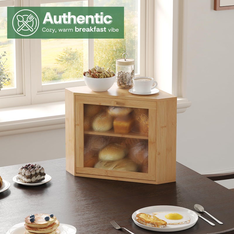 kiplant Bamboo Corner Bread Box for Kitchen Countertop - Wavy Acrylic Door, Adjustable 2-Layer Bread Storage Container, Large Bread Holder - Image 5