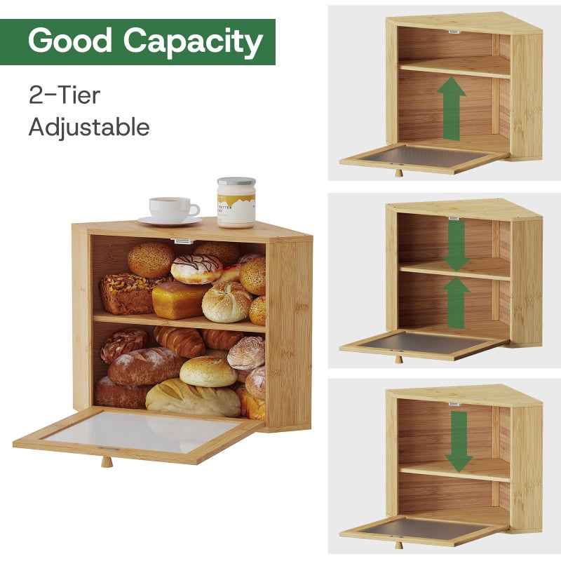 kiplant Bamboo Corner Bread Box for Kitchen Countertop - Wavy Acrylic Door, Adjustable 2-Layer Bread Storage Container, Large Bread Holder - Image 2