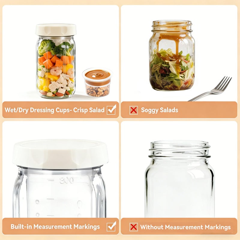 WAWINY 4PCS 32Oz Glass Salad Jars with 2 Built-in Dressing Containers, Cold-resistant Leak-proof Meal Prep Containers, Glass Mason Jars For Storing Salad, Honey, Soybeans, etc. (White) - Image 2