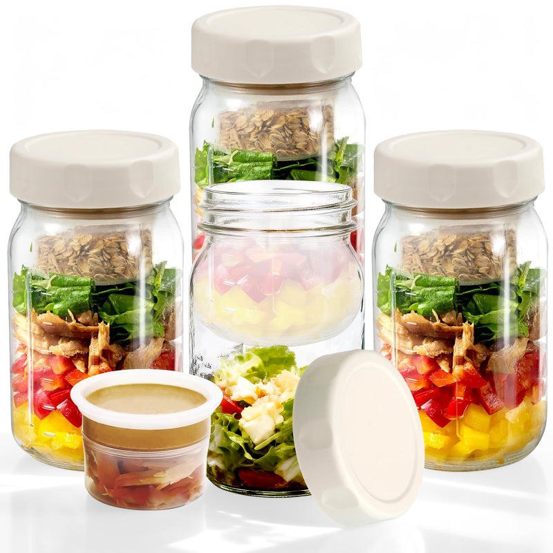 WAWINY 4PCS 32Oz Glass Salad Jars with 2 Built-in Dressing Containers, Cold-resistant Leak-proof Meal Prep Containers, Glass Mason Jars For Storing Salad, Honey, Soybeans, etc. (White) - Image 1