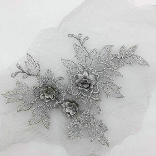 YinQin 2 Pcs Colored 3D Flower Lace Applique Embroidered Material Trim for DIY Wedding Dress Veil Accessories (Gray) - Image 1