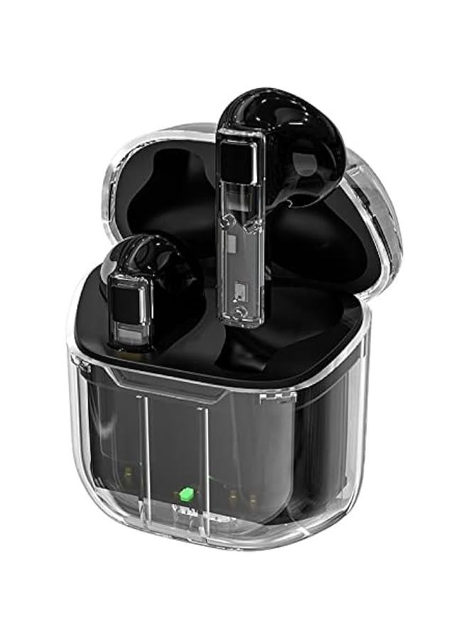 True Wireless Earbuds Bluetooth in Ear Headphones for iPhone Android Transparent Blue Tooth 5.3 Ear Buds Deep Bass TWS Wireless Earphones with Microphone Cordless Earbud with Charging Case Black
