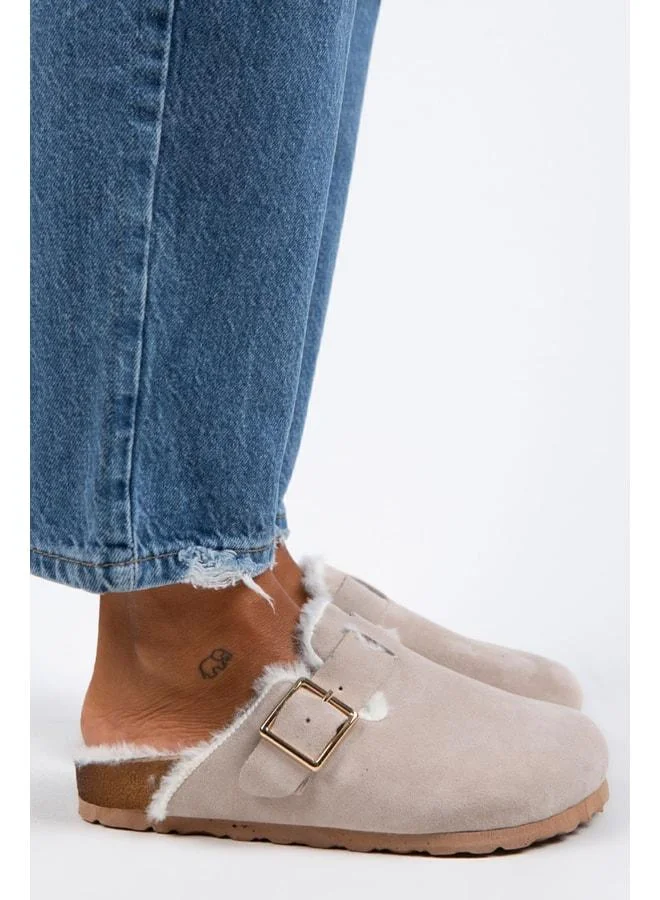 Zeta Women's Fur-Lined Genuine Leather Buckled Belted Fur-Lined Beige Suede Slippers - Beige
