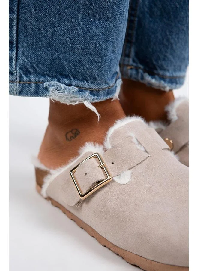 Manijero  Zeta Women's Fur-Lined Genuine Leather Buckled Belted Fur-Lined Beige Suede Slippers - Beige for Women | Best Price UAE