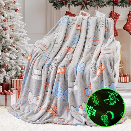 inhand Glow in The Dark Blanket Gamer Gifts for Boys Controller Kids Throw Gaming Blanket Gamer Toys for Kids Boys Game Gamepad Presents Birthday Easter Halloween （Grey 50"x60"） - Image 1