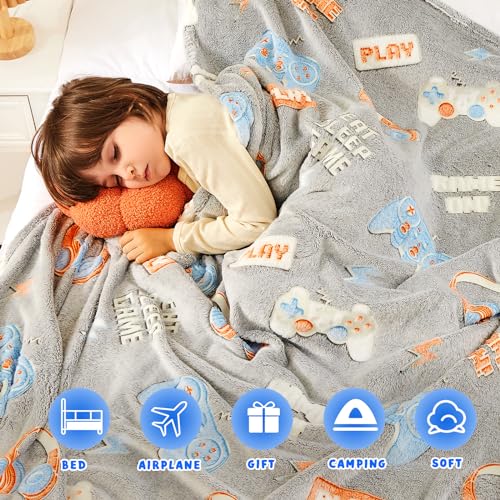 inhand Glow in The Dark Blanket Gamer Gifts for Boys Controller Kids Throw Gaming Blanket Gamer Toys for Kids Boys Game Gamepad Presents Birthday Easter Halloween （Grey 50"x60"） - Image 5