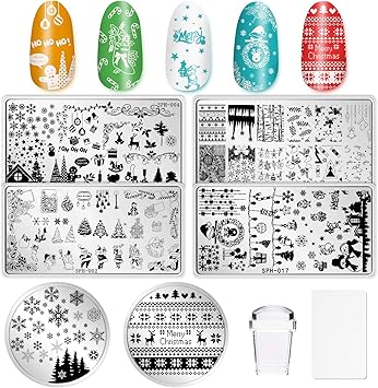 Whaline Christmas Nail Art Plates Santa Reindeer Snowflake Image Stamp Templates Stamping Kit 6 Manicure Stencils Tool Set with 1 Polish Stamper and 1 Scraper by Salon Designs - Image 1