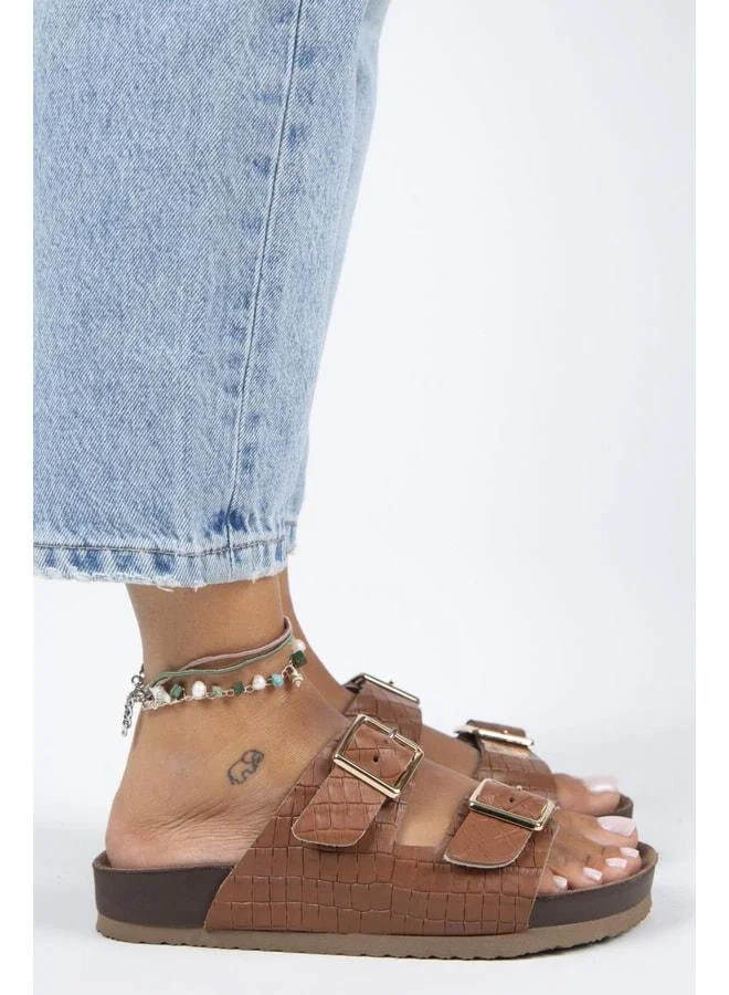 Anjelic Croco Women's Genuine Leather Double-Strap Sole Slippers.