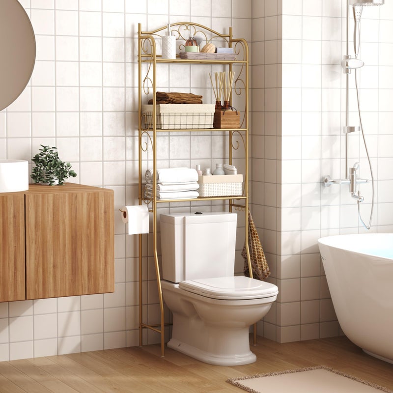 HOME BI Over The Toilet Storage Shelf, 3-Tier Over Toilet Bathroom Organizer Rack, Freestanding Space Saver Toilet Stands with Hooks, Gold - Image 2