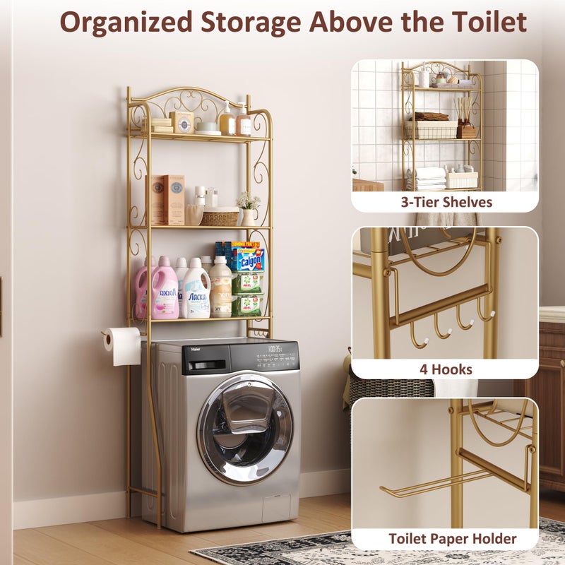 HOME BI Over The Toilet Storage Shelf, 3-Tier Over Toilet Bathroom Organizer Rack, Freestanding Space Saver Toilet Stands with Hooks, Gold - Image 3