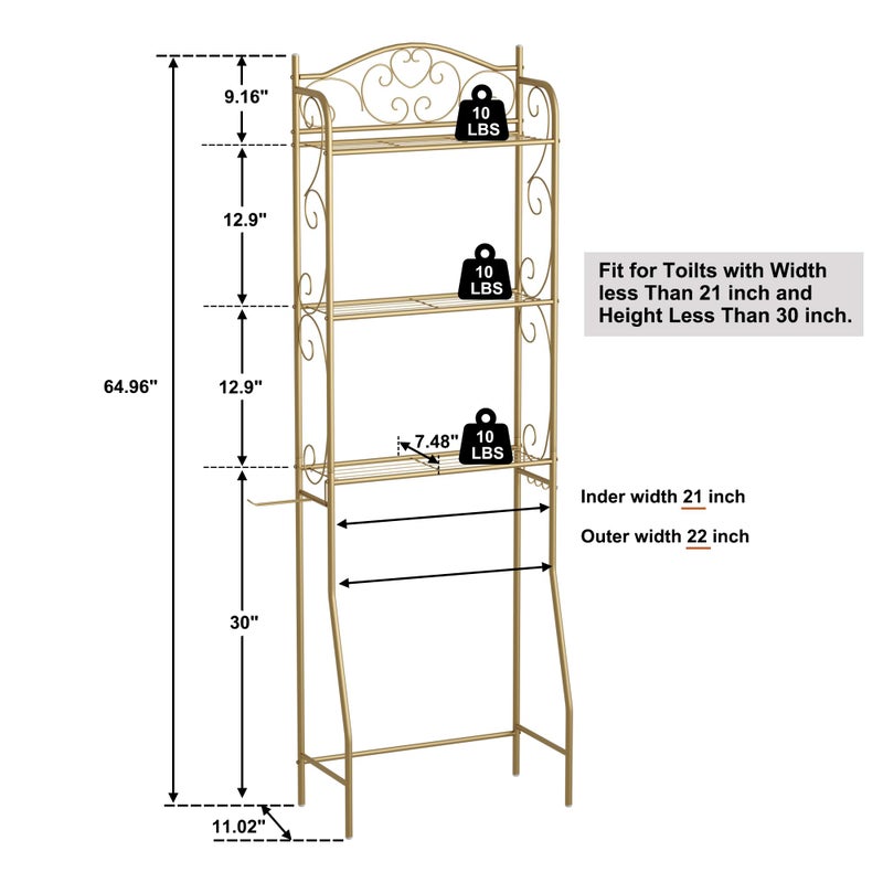 HOME BI Over The Toilet Storage Shelf, 3-Tier Over Toilet Bathroom Organizer Rack, Freestanding Space Saver Toilet Stands with Hooks, Gold - Image 5