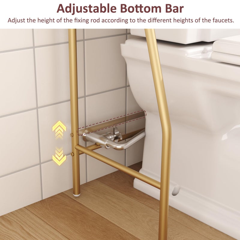 HOME BI Over The Toilet Storage Shelf, 3-Tier Over Toilet Bathroom Organizer Rack, Freestanding Space Saver Toilet Stands with Hooks, Gold - Image 4