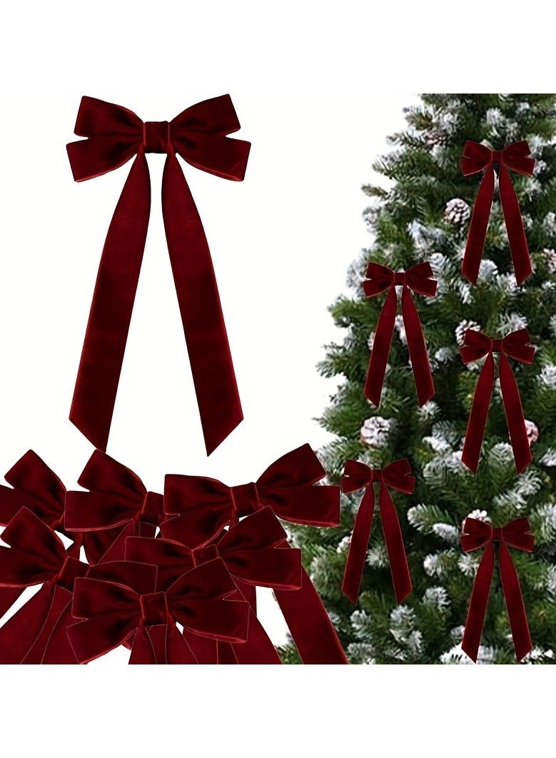12 قطعة من زينة القوس وشريط مخملي وزينة شجرة عيد الميلاد وزينة القوس وإكسسوارات العطلات باللون الأحمر النبيذي - Image 1