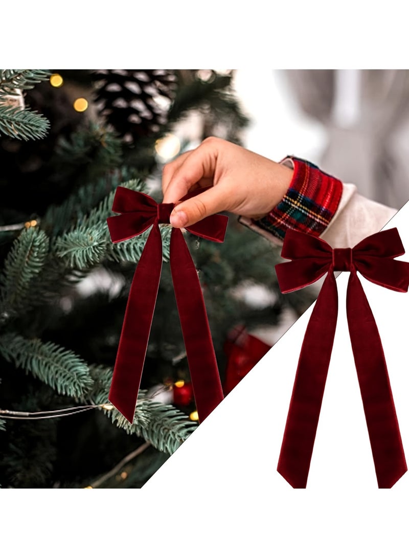 12 قطعة من زينة القوس وشريط مخملي وزينة شجرة عيد الميلاد وزينة القوس وإكسسوارات العطلات باللون الأحمر النبيذي - Image 2