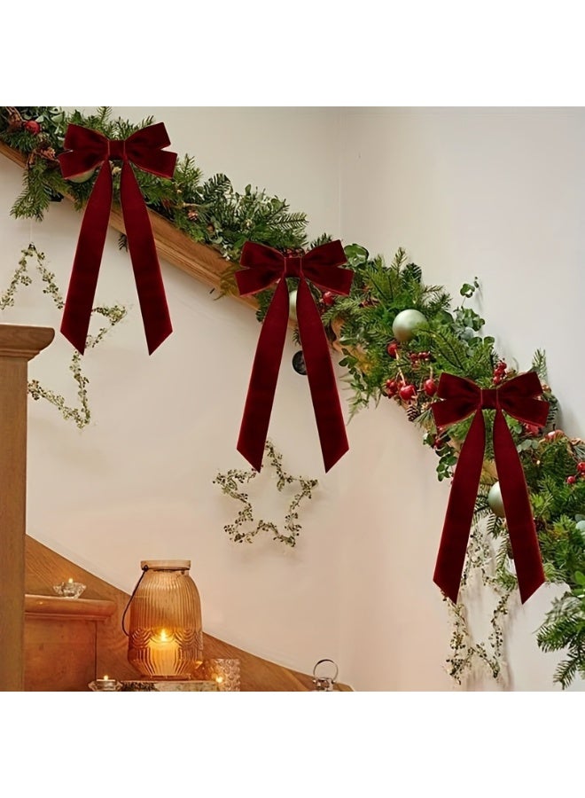12 قطعة من زينة القوس وشريط مخملي وزينة شجرة عيد الميلاد وزينة القوس وإكسسوارات العطلات باللون الأحمر النبيذي - Image 3