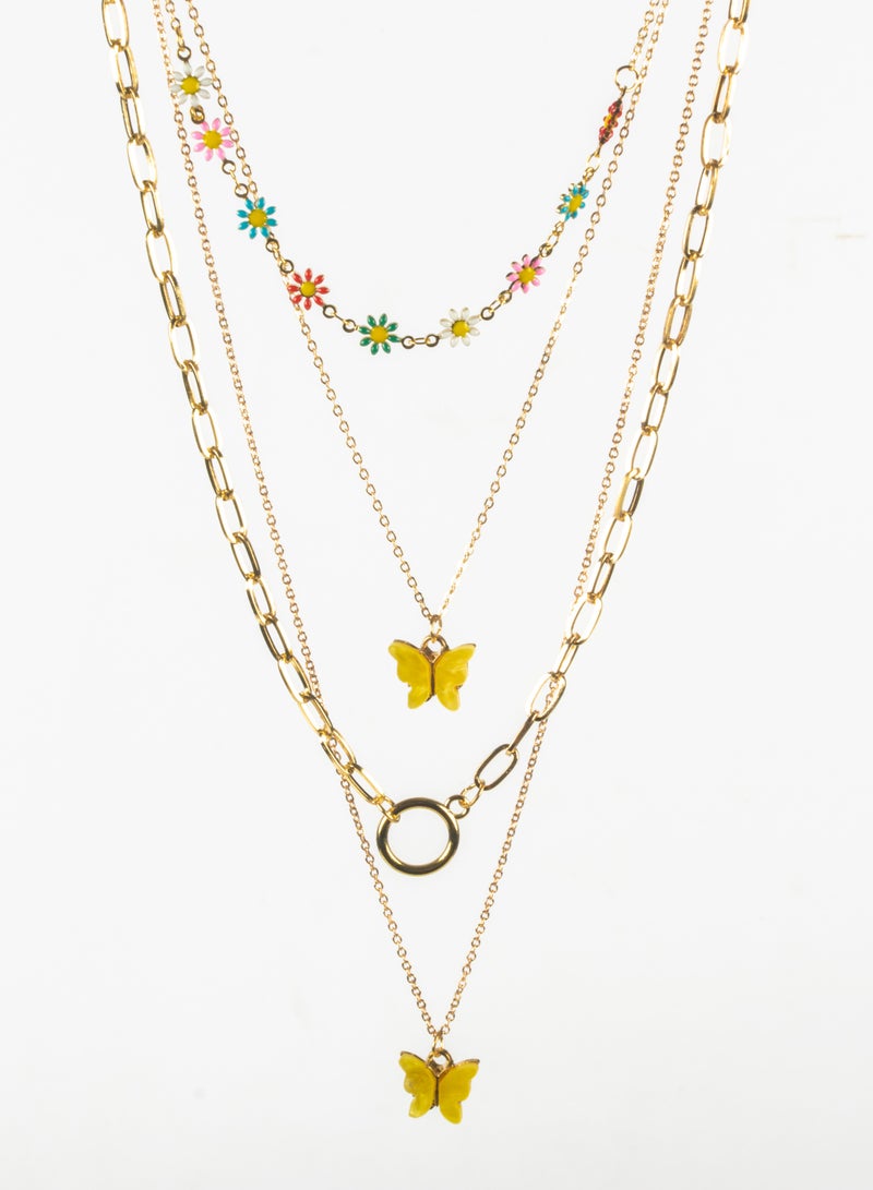 Colorful Flowers Multi Layers Chinses Gold Necklace with Yellow Butterfly Pendant