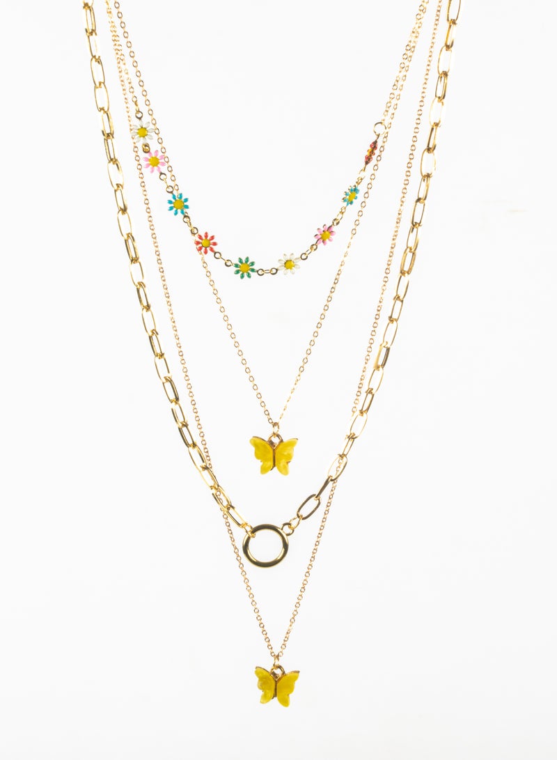 Colorful Flowers Multi Layers Chinses Gold Necklace with Yellow Butterfly Pendant