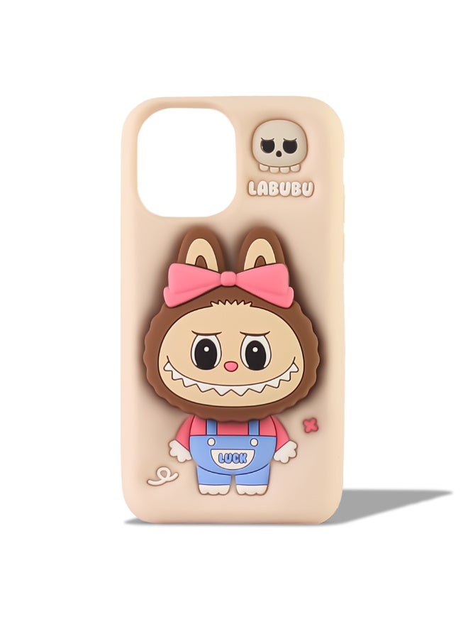 3D Cute Cartoon Soft Silicone Series Sleek Protective Covers Phone Back Shell With pop socket For Iphone 11 Pro Max (Beige)