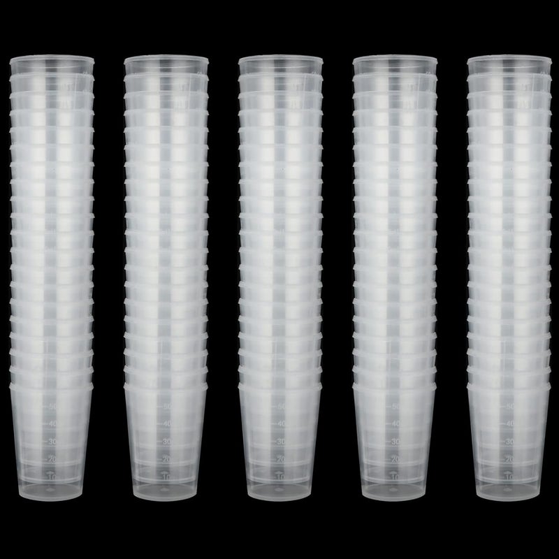 HNBun 100pcs 50ML Plastic Graduated Measuring Beaker Set, Clear Liquid Measuring Mixing Cups for Epoxy Resin, Liquid Container Beakers for Resin Epoxy Paint Food, Lab Use, Raised Graduations, Tapered Spout - Image 1