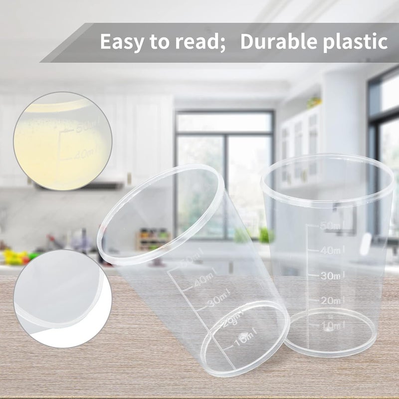 HNBun 100pcs 50ML Plastic Graduated Measuring Beaker Set, Clear Liquid Measuring Mixing Cups for Epoxy Resin, Liquid Container Beakers for Resin Epoxy Paint Food, Lab Use, Raised Graduations, Tapered Spout - Image 4