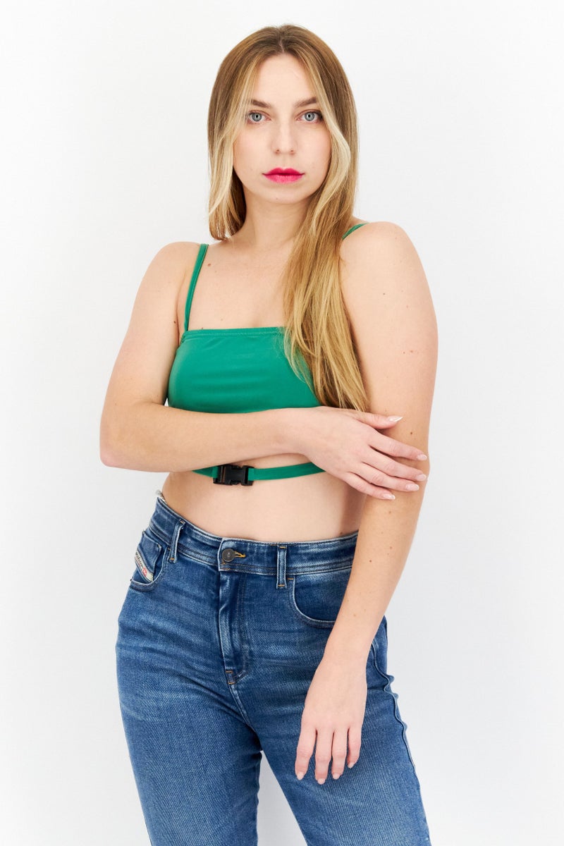 boohoo Women Square Neck Sleeveless Solid Crop Top, Green - Image 1