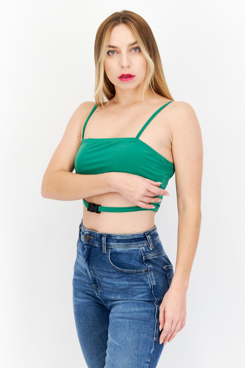 boohoo Women Square Neck Sleeveless Solid Crop Top, Green - Image 4